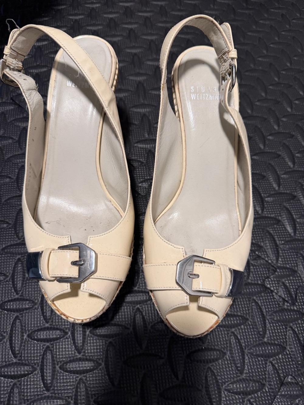 Stuart Weitzman Beige Cream Slingback Peep-Toe Heels with Buckle